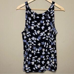 J.Jill Wearever Blouse Women Size Large Black Blue Floral Sleeveless Casual